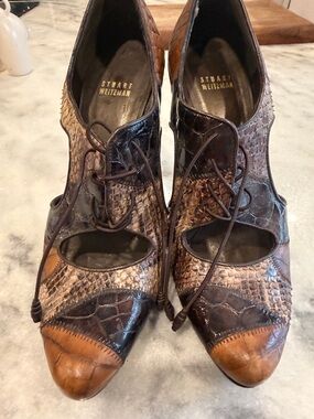 Stuart Weitzman Brown Multi-Tone Lace-Up Leather Heels